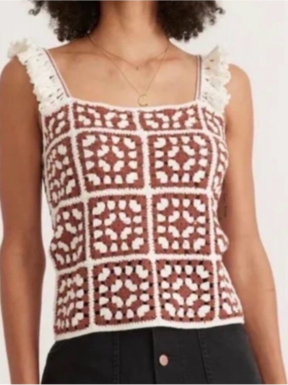 NEW $128 Marine Layer Brown Cream Boho Knit Archive Cora Crochet Tank Large